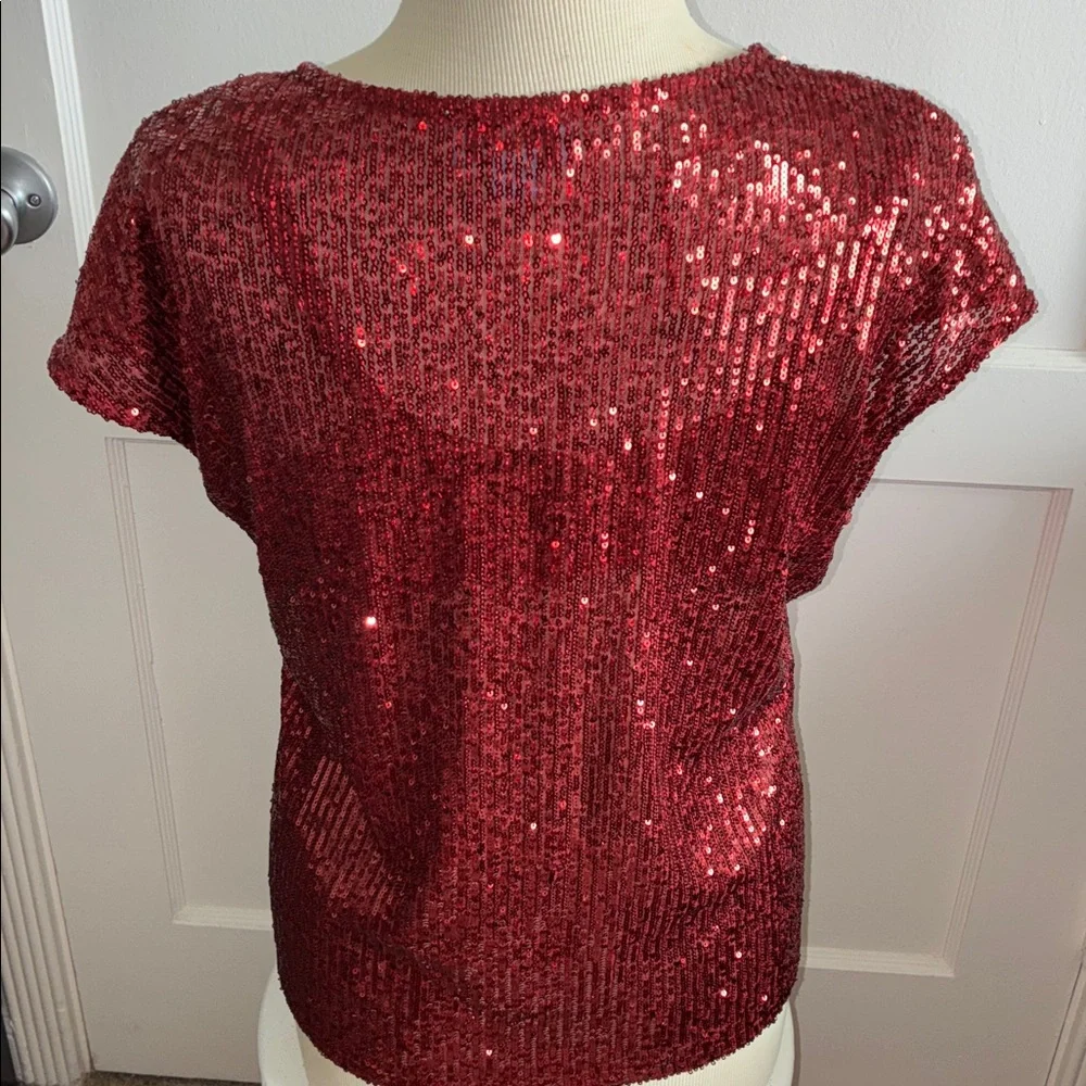 Rich Red Sequin V-Neck Top (L/XL) - Picture 3 of 7